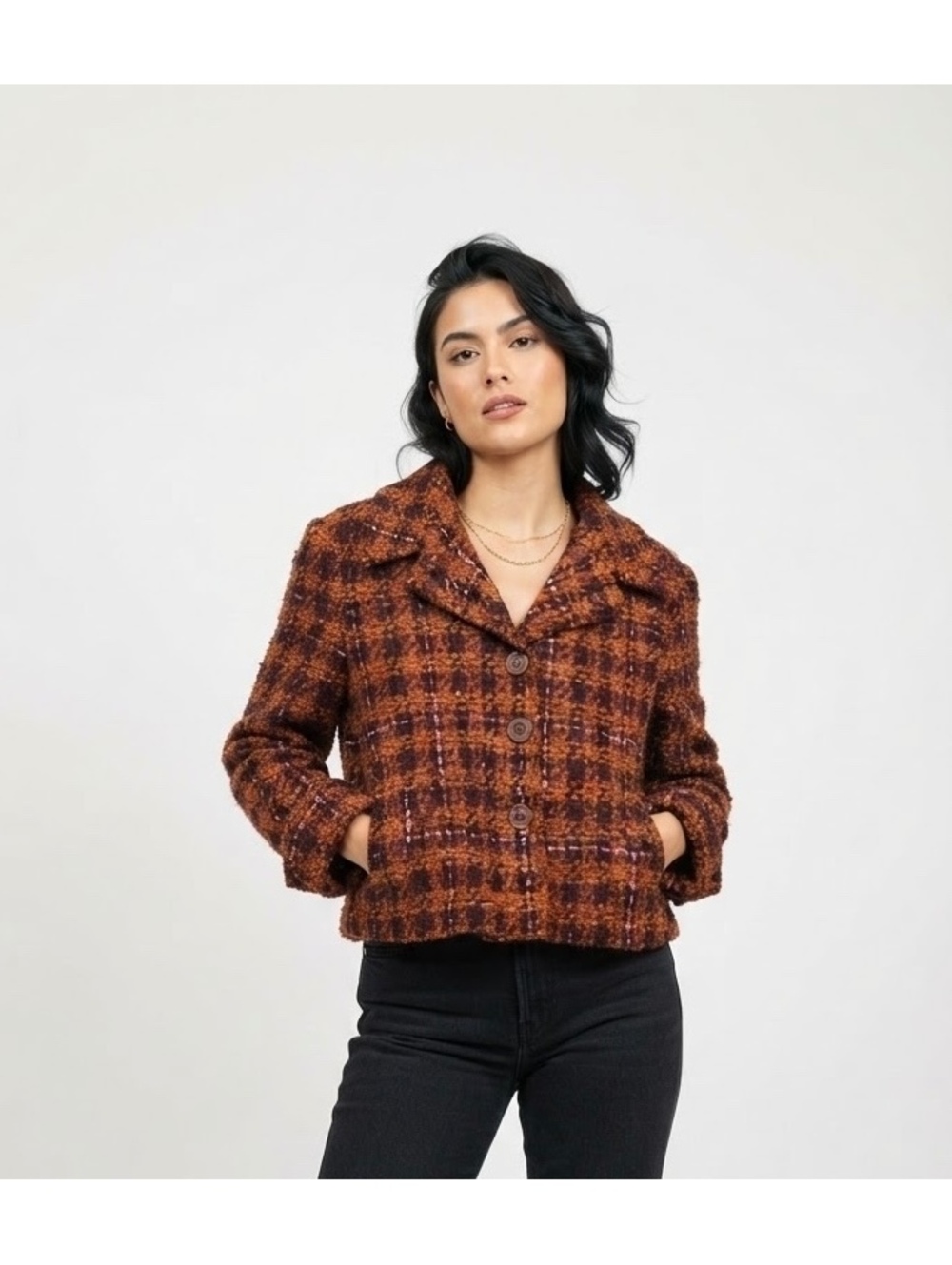ChePè Italy Brown and Orange Plaid Wool Blend Jacket Size L